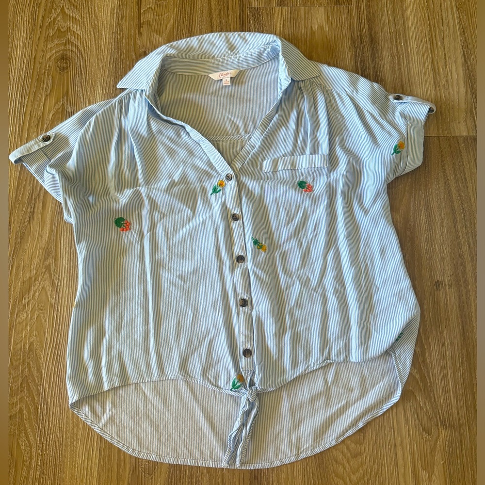 Pin stripped collard shirt with flower detail